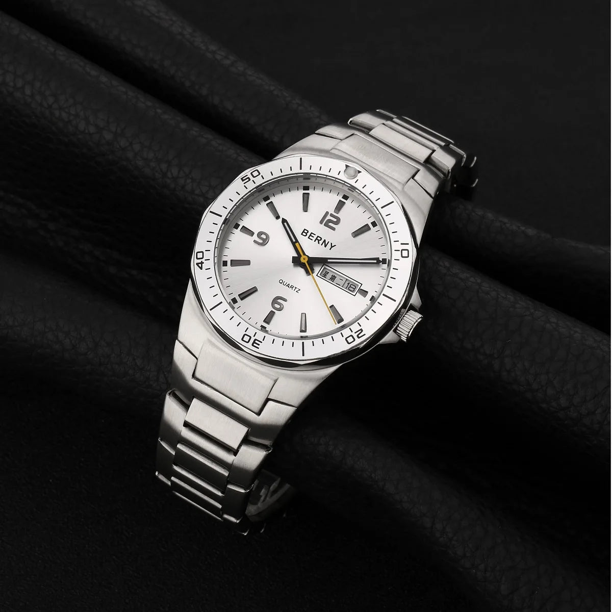 BERNY Men'S Watches Calendar Date Week Quartz Full Stainless Steel Watch for Men Retro Business Waterproof Male Wristwatch