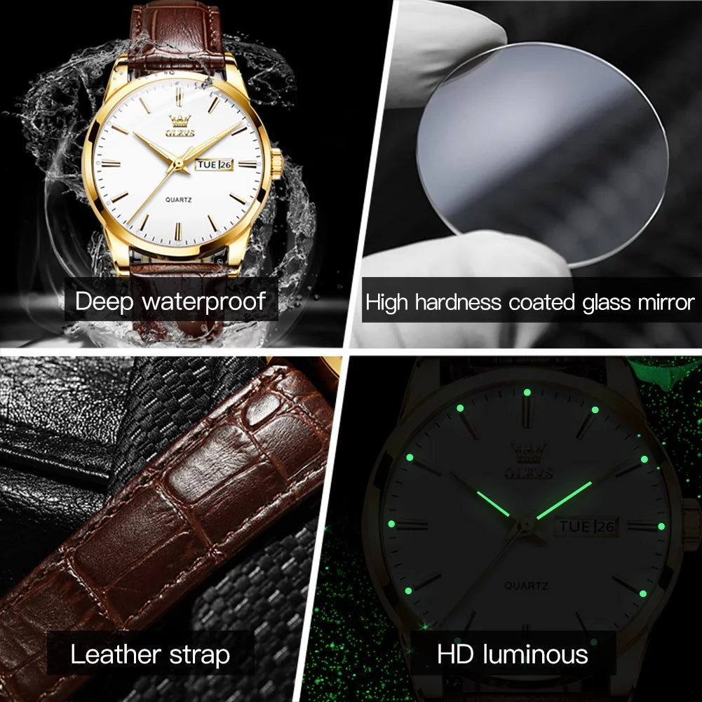 Mens Leather Watches Large White Dial Watches for Men Analog Quartz Watches Men Brown Leather Strap Watches Mens Day Date Watches Waterproof Watches for Men Calendar Watches Relojes Para Hombre