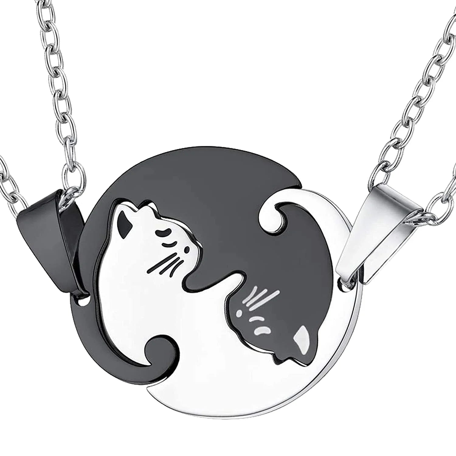 Two Cat Couple Necklaces Jewelry Stainless Steel Black White Kitten Animal Pendant Choker Necklace Lovers Friendship Gift