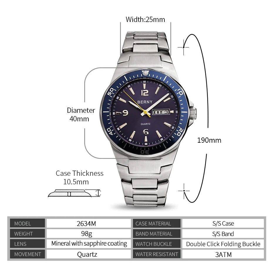 BERNY Men'S Watches Calendar Date Week Quartz Full Stainless Steel Watch for Men Retro Business Waterproof Male Wristwatch