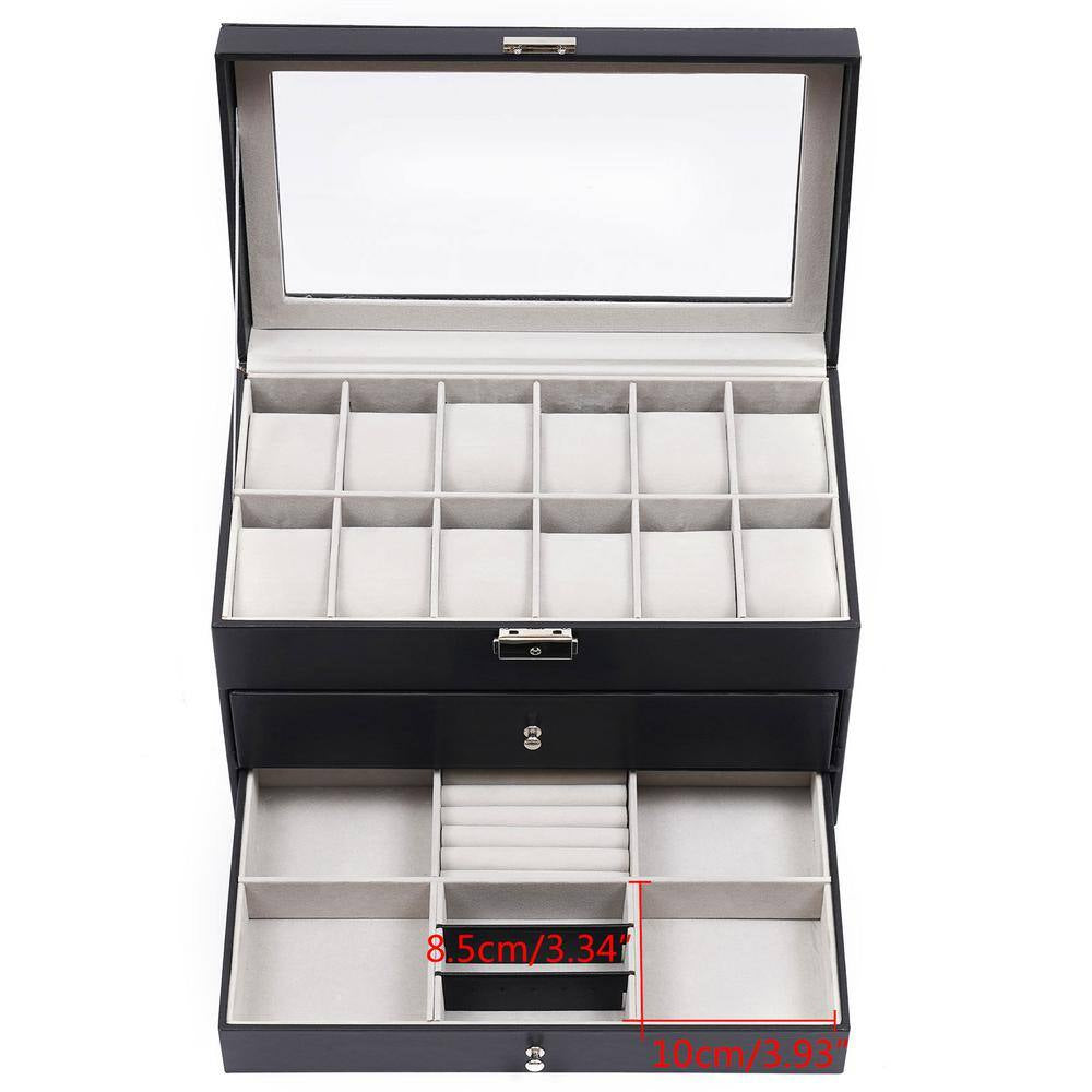 13.26 In. X 7.63 In. X 8.07 In. Black 3-Layer Leather Watch and Eyeglasses Box